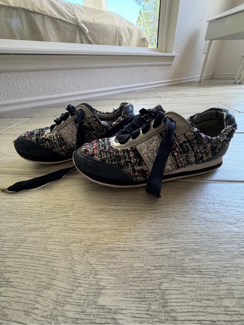 kate spade Tweed Knit Sneakers in Navy, Gray and Pink Accents